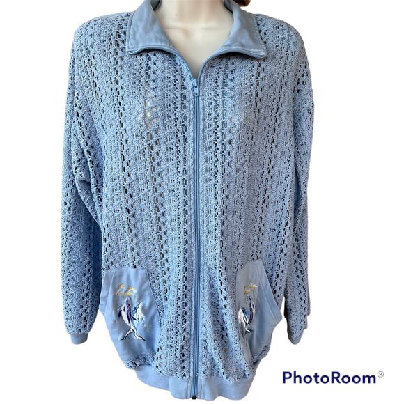 Vintage Adolfo Sport Zip Up Jacket See Thru Crochet Dolphin Embroidery Womens M - Picture 2 of 10